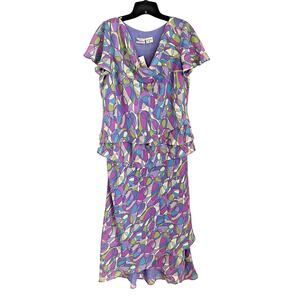 Y2K Flutter Sleeve Tiered Maxi Dress Purple Psychedelic Swirl Ruffle 80s Style M